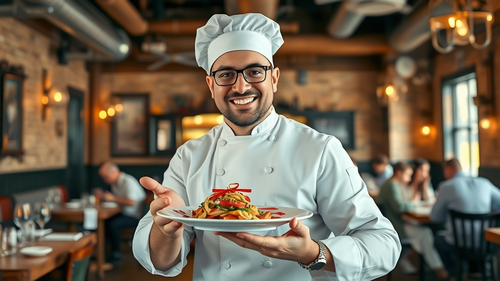 baltimore social media content strategy - Baltimore chef recording Instagram Reel with specialty dish, lively restaurant setting, diners, vibrant promotion