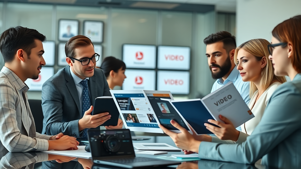 organized small business team reviewing video style guide and brand assets boardroom