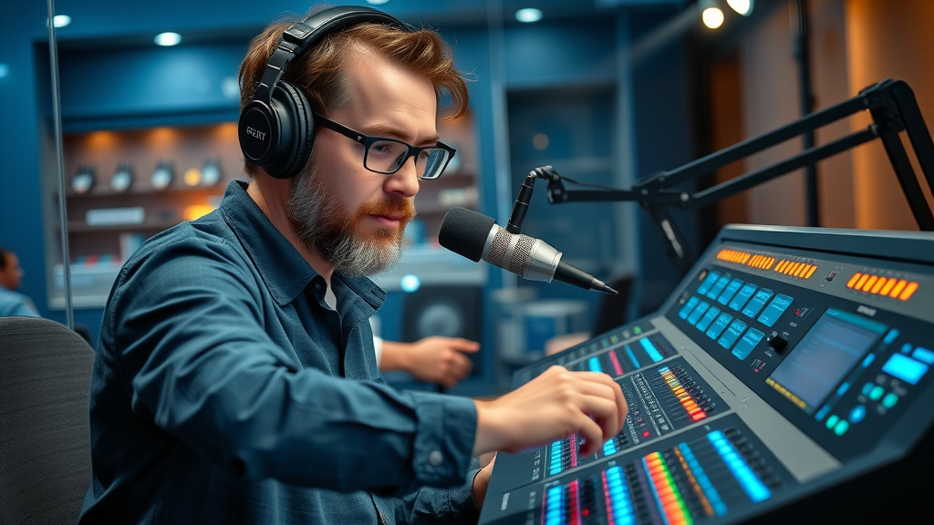 baltimore podcast studio, host adjusting audio mixer, podcast room with technical area, vibrant lighting