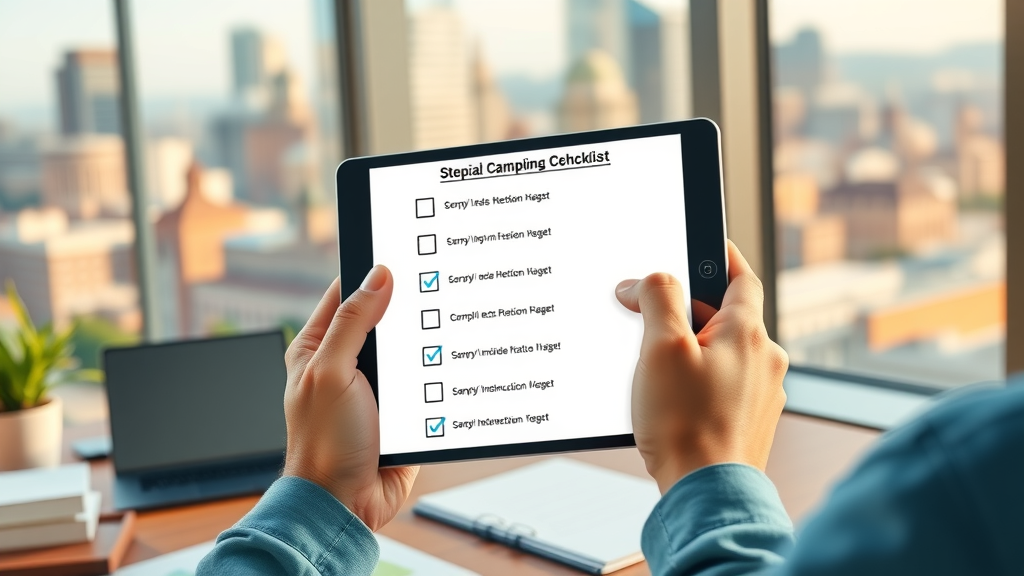 Digital marketing campaign checklist with Baltimore skyline background for campaign planning