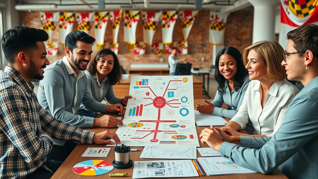 Diverse team brainstorming a custom Baltimore digital marketing strategy with branded materials