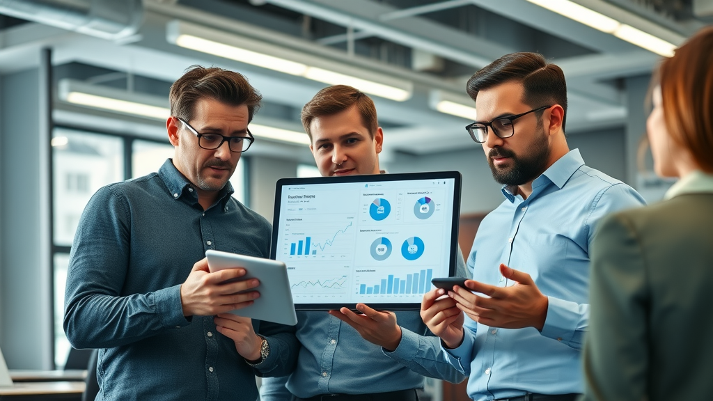 professional marketing team discussing campaign performance results with analytics and charts - digital marketing agency Baltimore