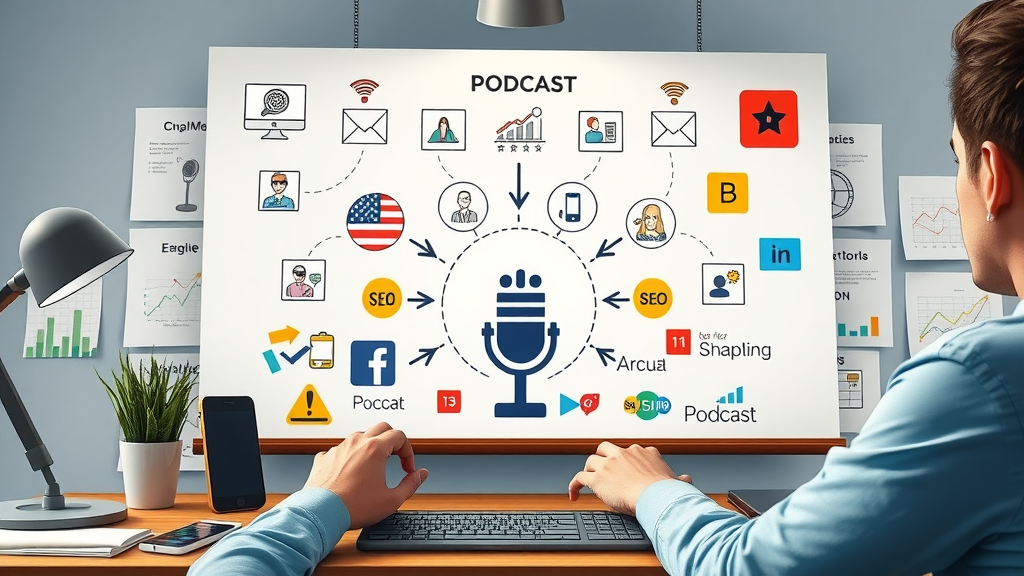 Strategic multichannel marketing overview mapping podcast promotion strategy with flowcharts.