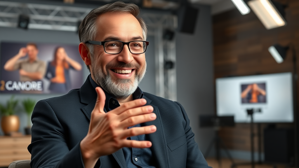 industry expert sharing insights on social media engagement strategies in a professional video studio, friendly expression, digital studio props, balanced lighting