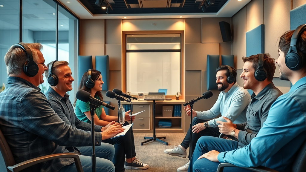 Baltimore podcast studio rental vibrant modern inviting hosts discussion soundproof spacious equipment microphones