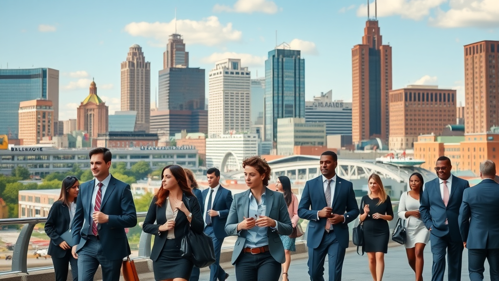 vibrant Baltimore cityscape bustling with business activity and recognizable Baltimore landmarks, content creation services Baltimore