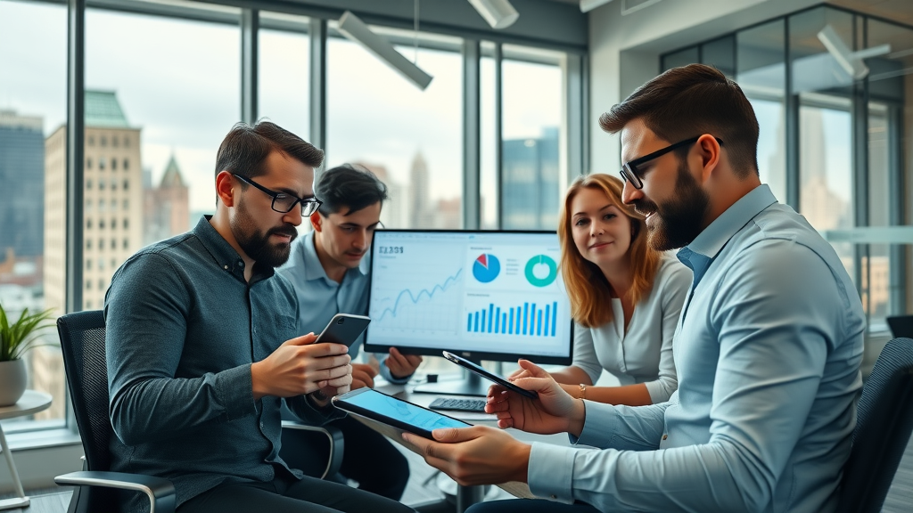 Dynamic business team analyzing social media analytics on multiple devices in modern office with Baltimore views. social media content planning Baltimore