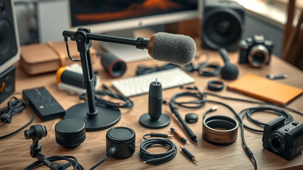Podcast accessories - boom arm, pop filter, cables, shock mount for small business podcasting