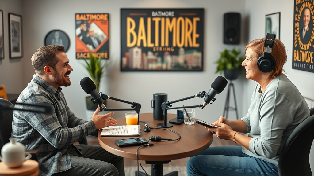 Modern podcast studio in Baltimore hosts local influencers, contributing to podcast audience growth Baltimore