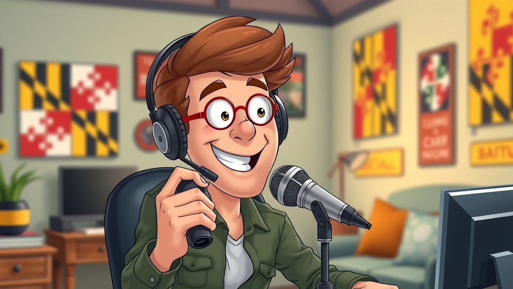 enthusiastic new business podcaster in Baltimore adjusting microphone in home studio, maryland is open inspiration