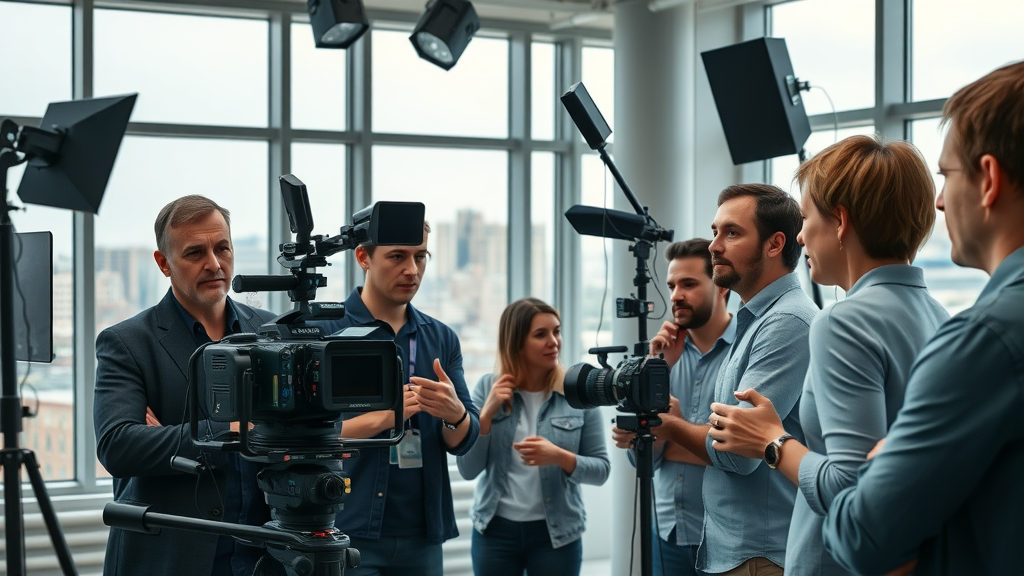 Baltimore video production team collaborating in modern studio with city skyline