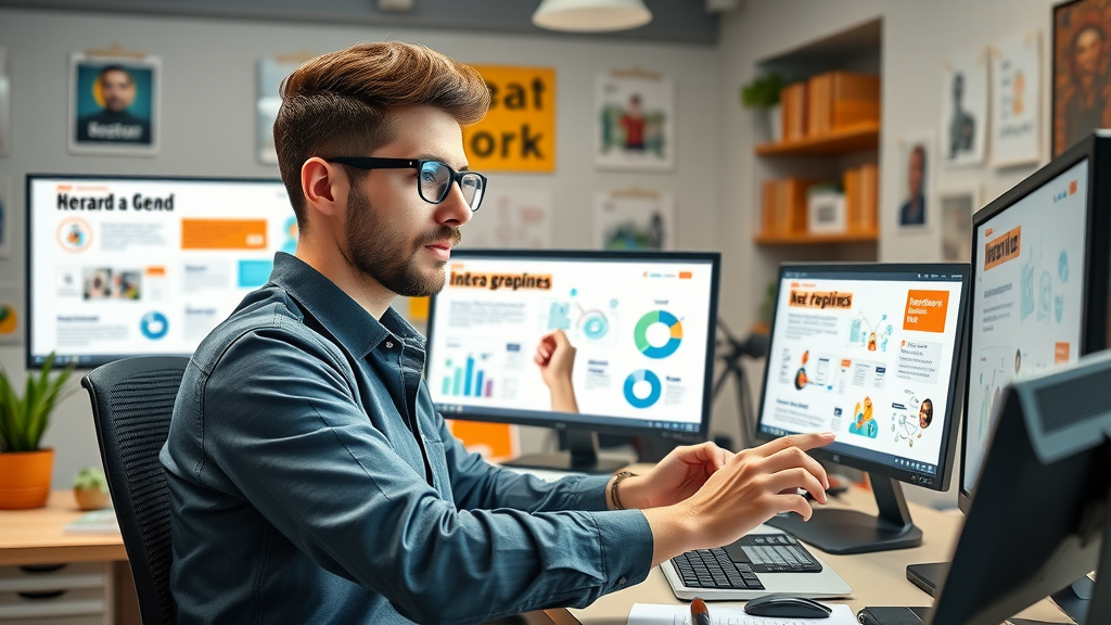 Baltimore graphic designer crafting branded visual content and digital media in a lively studio office.