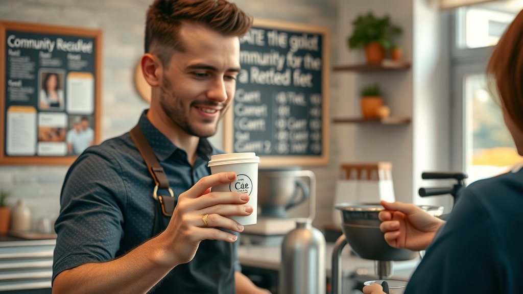 Stylish local cafe using branded visuals on social media for local campaign, barista serving coffee with logo, community board visible