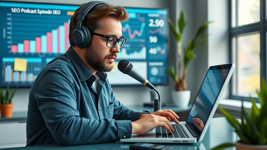Professional podcaster optimizing podcast SEO by typing keyword-rich episode titles for podcast promotion strategies.