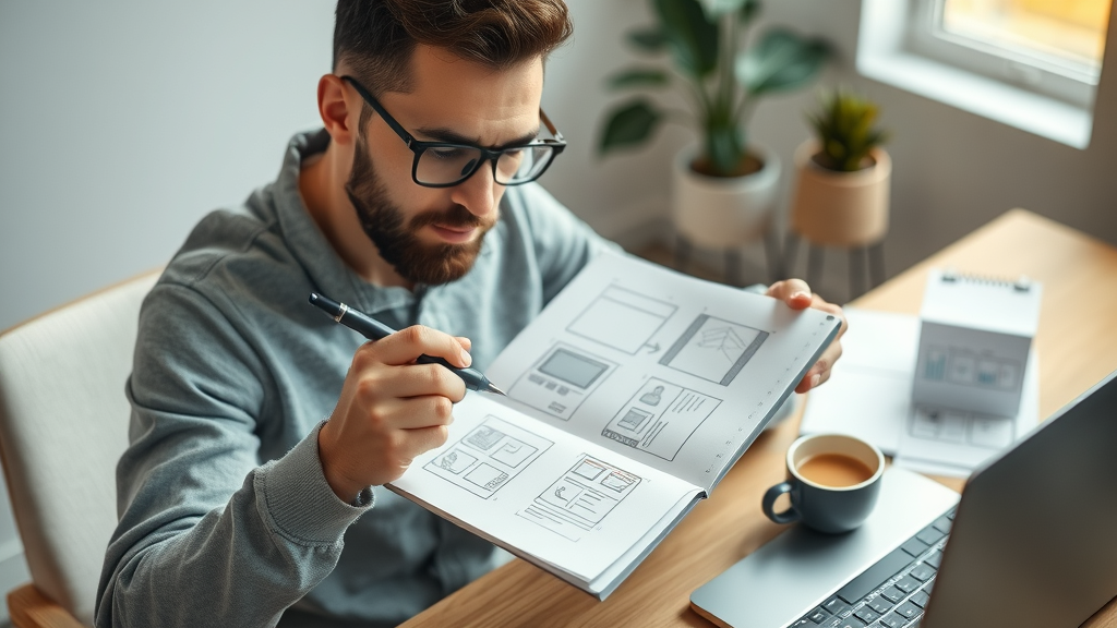 content creation for small businesses owner sketching video storyboard, clean minimal workspace, coffee cup, laptop, soft natural light