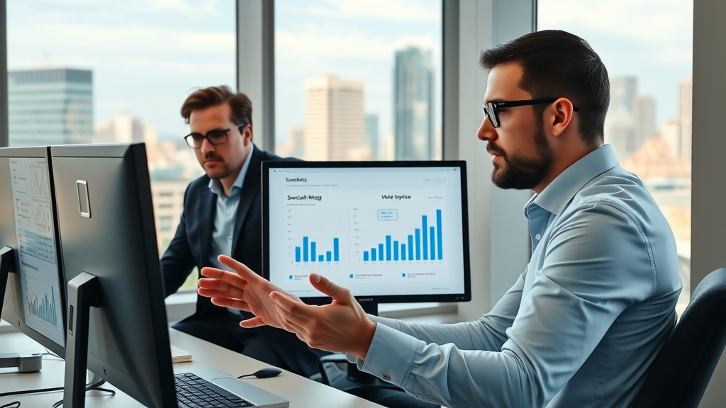 Insightful Baltimore business team analyzing social media analytics performance graphs in a modern office with Baltimore skyline