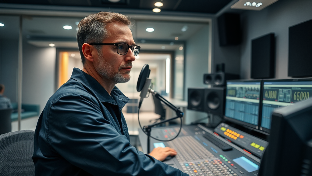 Baltimore podcast studio rental state-of-the-art equipment technician adjusts audio levels podcast studio in baltimore control room production studio