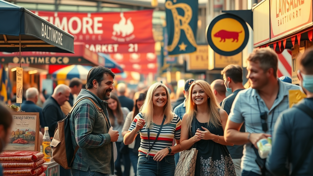 Brand Identity Baltimore: Shoppers engaging with distinctive brands at a lively Baltimore market, branded banners and stalls, colorful community atmosphere