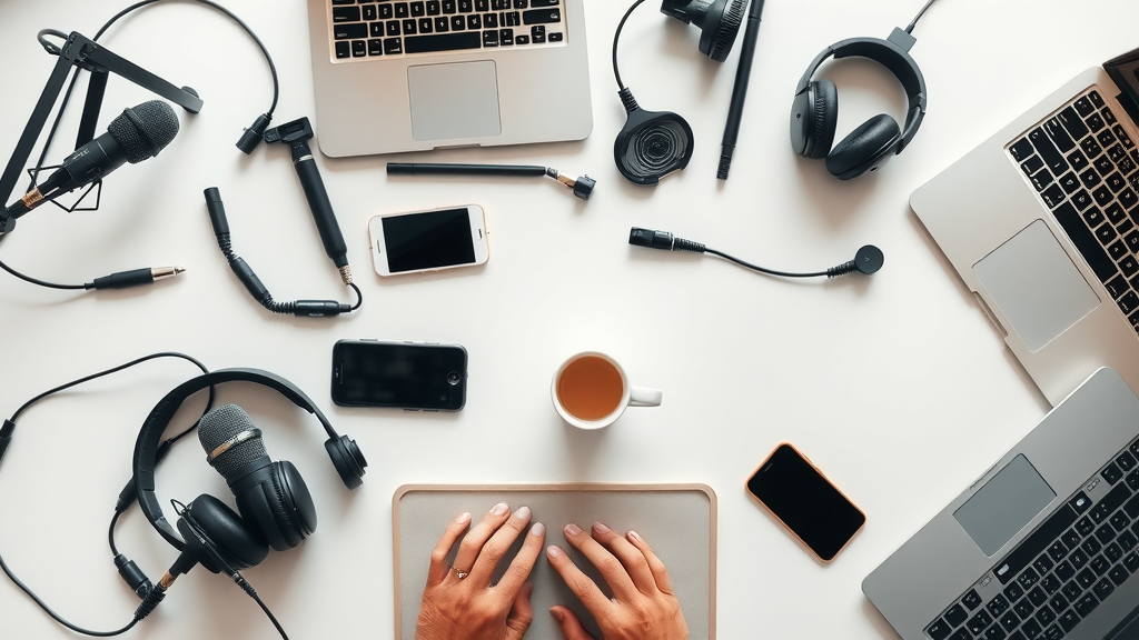 Essential podcasting equipment for Baltimore small business, mic, headphones, laptop, smartphone, workspace