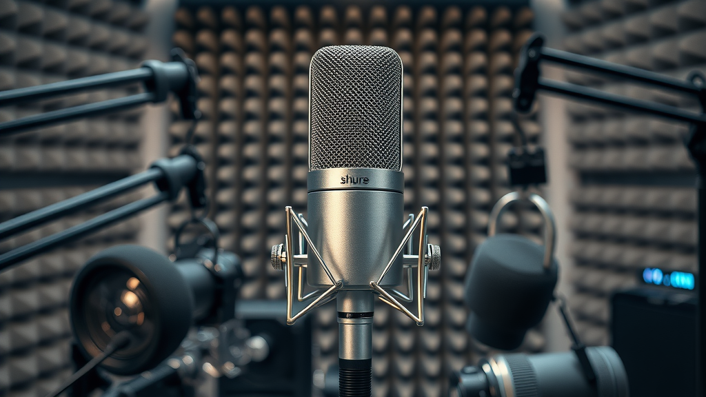 Iconic Shure SM7B microphone as center of Baltimore podcast studio gear surrounded by classic podcast equipment with LED lighting. Podcast Equipment Baltimore.