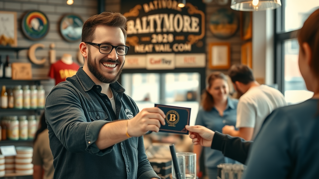 Baltimore brand awareness local business owner handing out branded merchandise to happy customers in a cozy shop