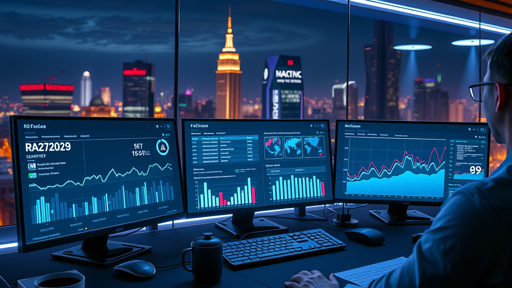 Futuristic dashboard with Baltimore social media metrics and SEO insights, glowing graphs, city skyline at night