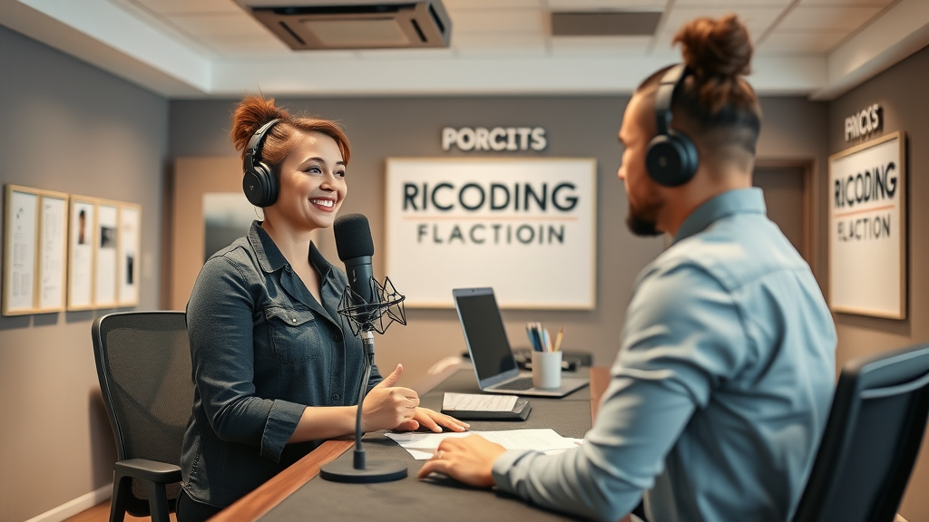 friendly studio receptionist guiding podcaster in baltimore recording studio lobby booking process