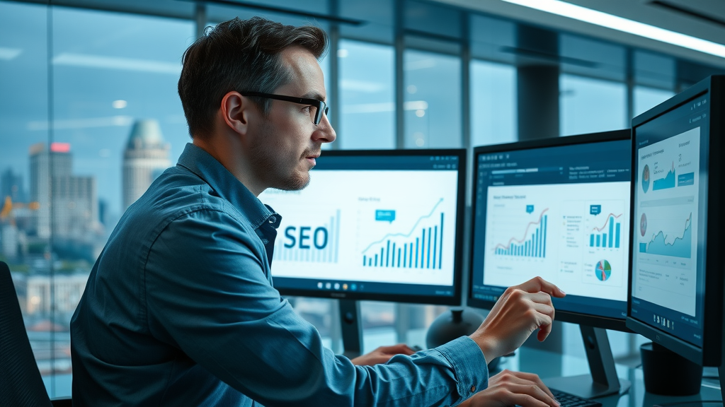 SEO campaign analyst reviews ROI charts, high-tech Baltimore office with skyline view
