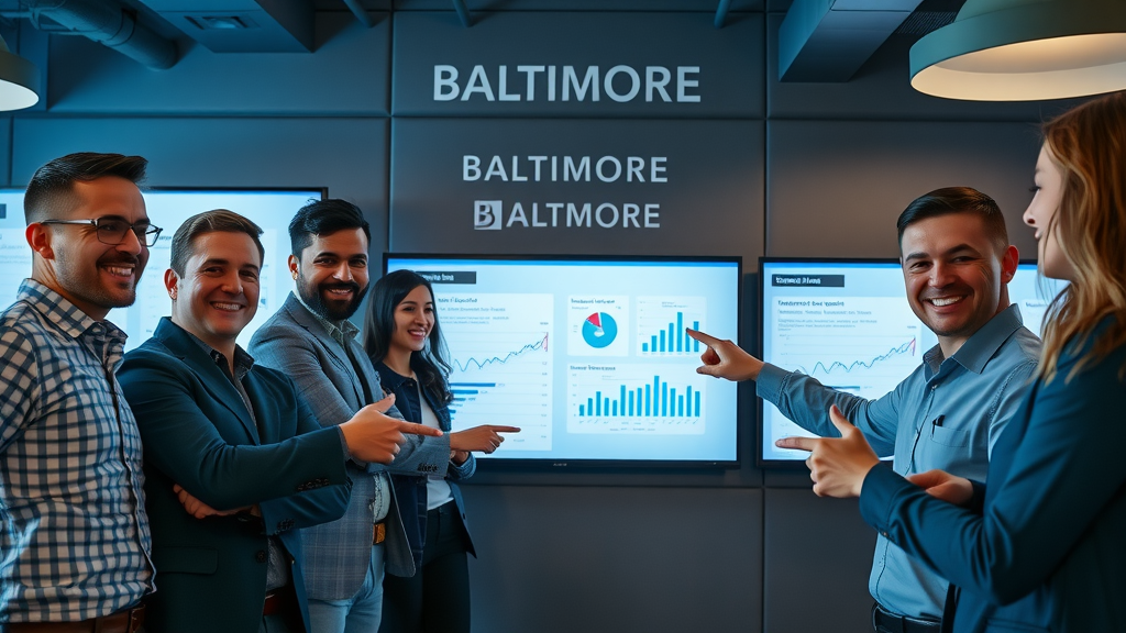 Baltimore digital marketing agency presenting campaign analytics, marketing professionals, team reviewing charts, digital screens