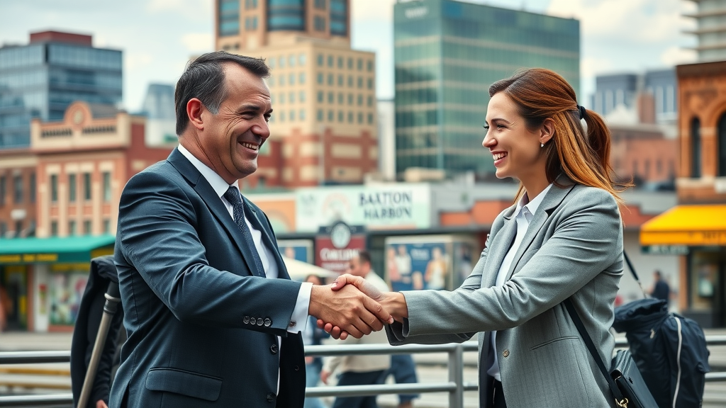 Vibrant Baltimore cityscape with business professionals in front of bustling small business storefronts, local business content creation Baltimore