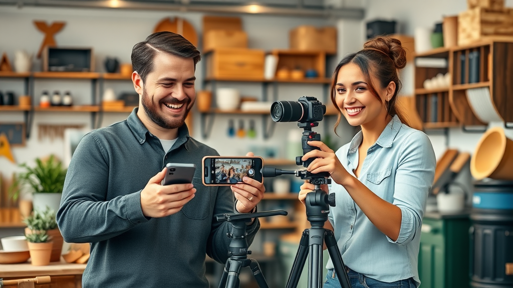 video content creation for small businesses vibrant workspace, owners planning and filming with smartphone and tripod, welcoming shop background, creative props, warm tones, candid natural interactions