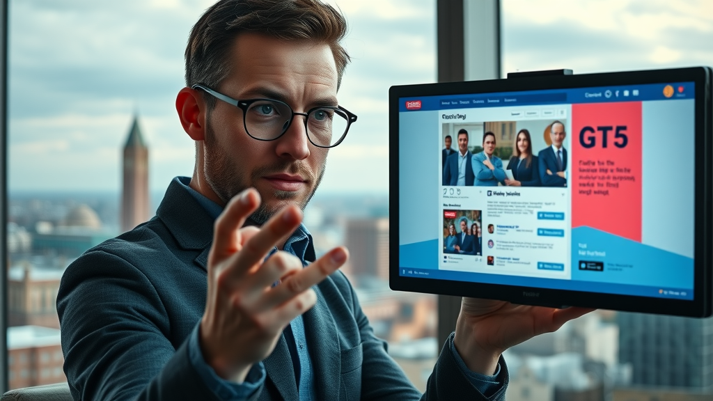 Marketer testing two social media ads side by side with Baltimore skyline in background, social media advertising