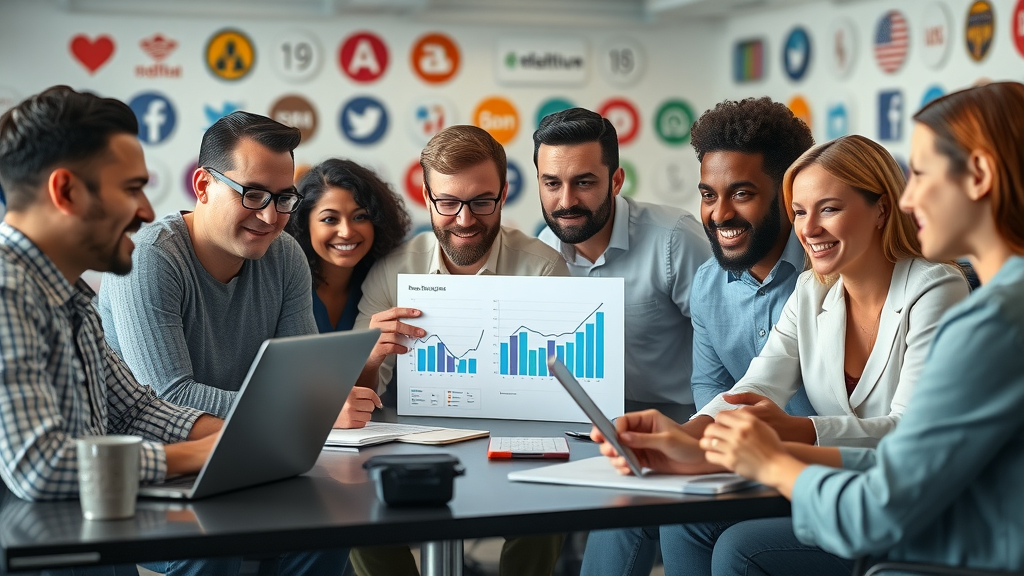 Enthusiastic Baltimore agency team analyzing social media growth charts in a modern workspace, boosting social media content baltimore