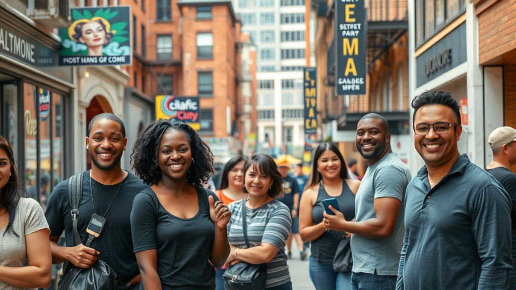Brand Identity Baltimore: Vibrant Baltimore cityscape with diverse entrepreneurs and branded storefronts, colorful murals, lively street scene