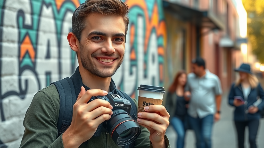 Confident Baltimore content creator with camera and coffee, standing before hip street art mural, ready for local business content creation Baltimore