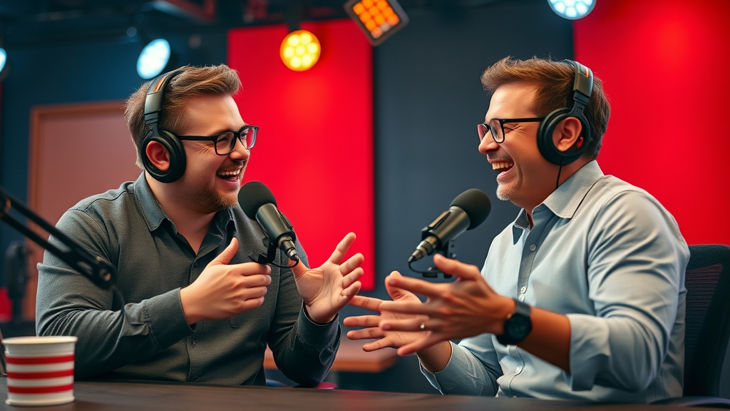 Collaborative podcast guest appearance of two enthusiastic hosts exchanging ideas for podcast promotion strategies.