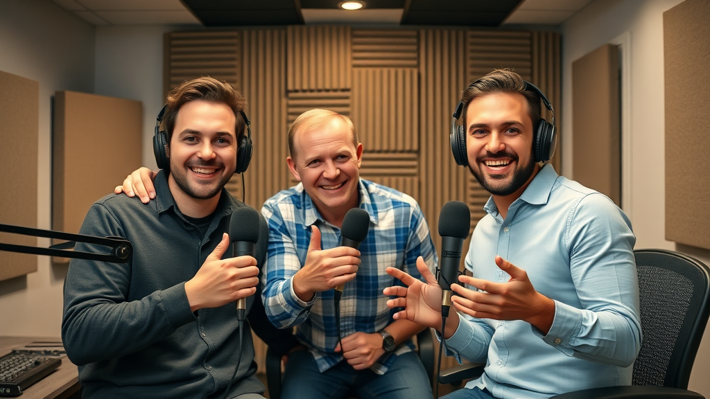 Smiling podcast hosts celebrating after successful Baltimore studio session