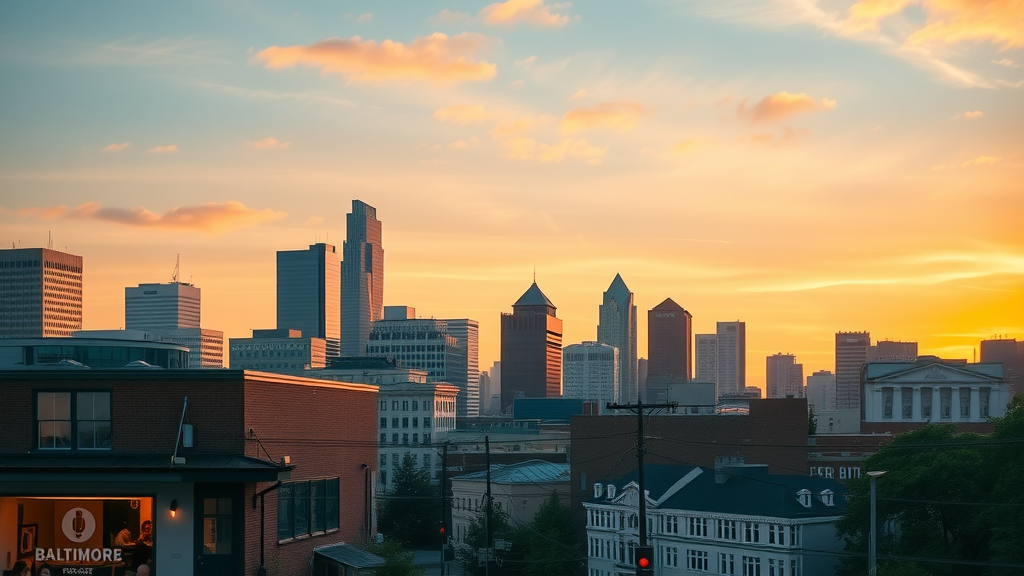 Vibrant Baltimore skyline with small business podcast studio, sunrise, energetic cityscape, modern, high fidelity