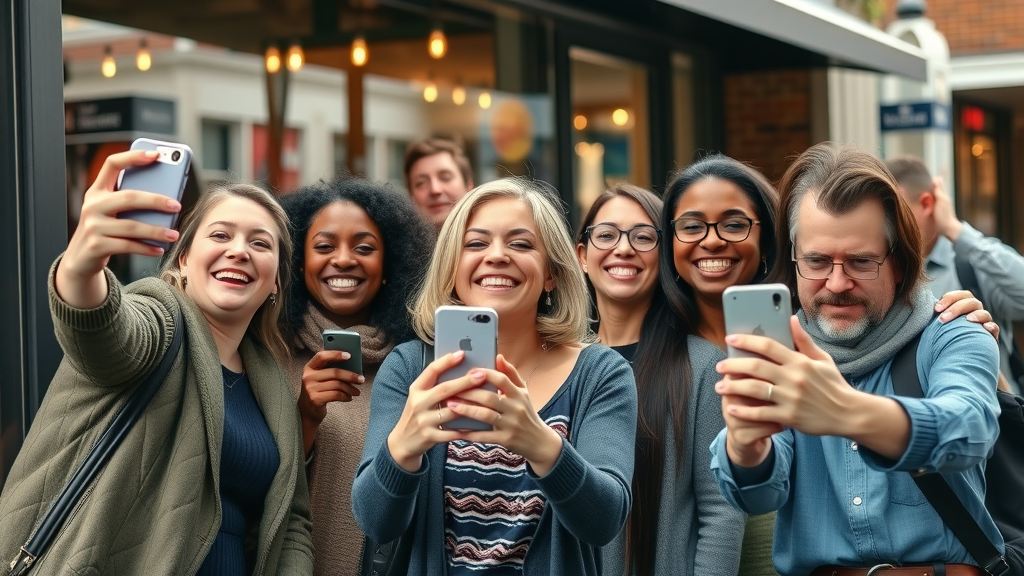Diverse Baltimore customers generating content by taking selfies in front of a small business as social proof on social media.