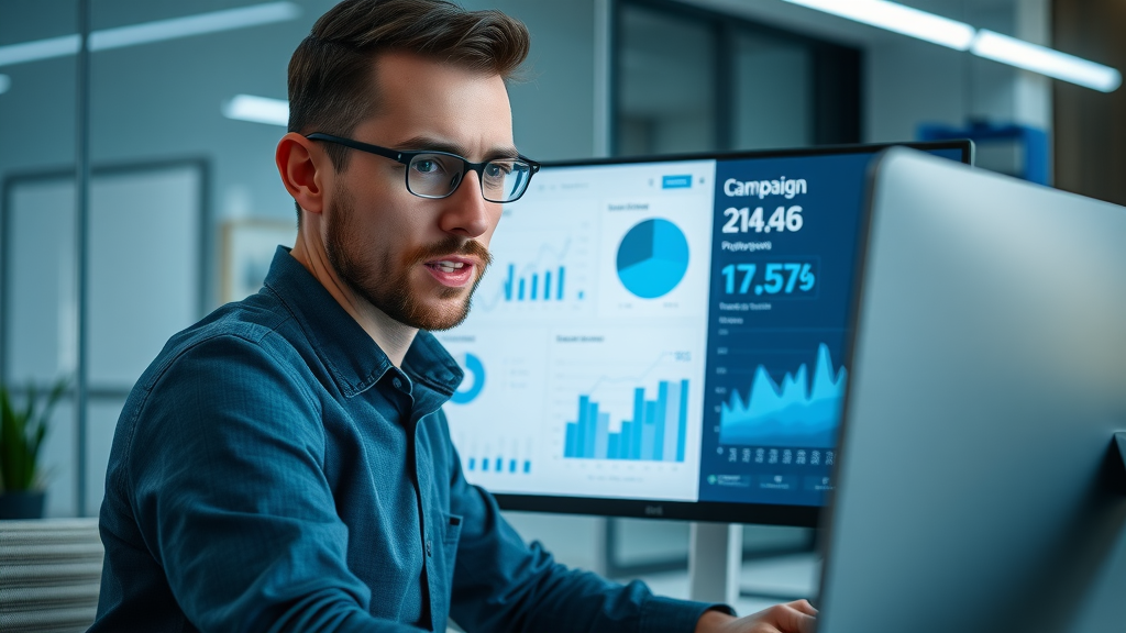 baltimore social media content strategy - digital marketer analyzing social media analytics dashboard, Baltimore decor, campaign KPI review, modern office setting