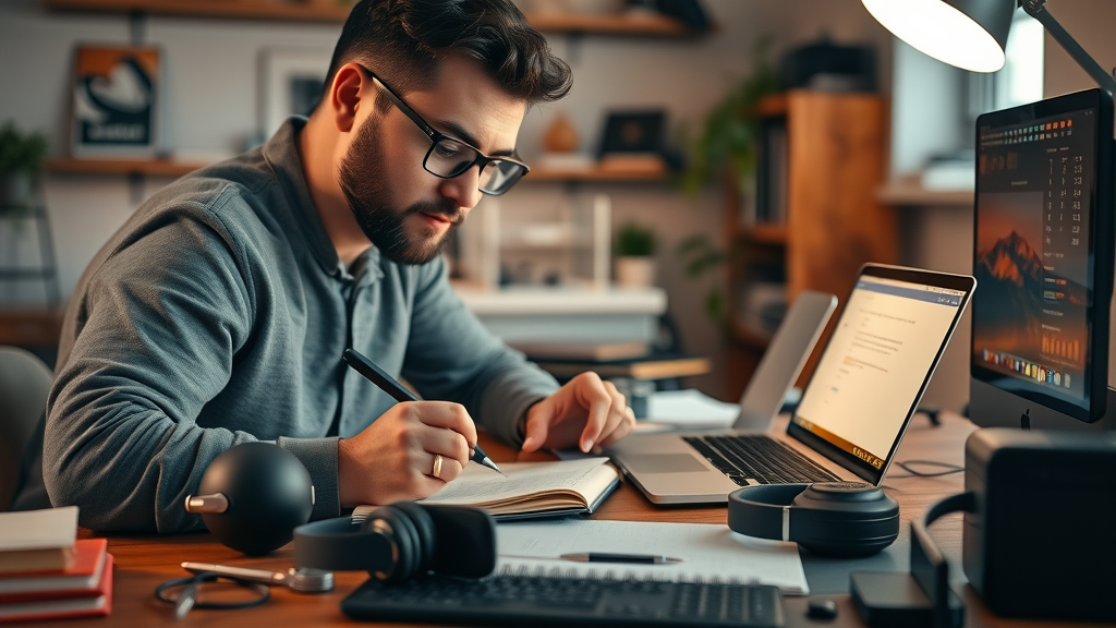 Small business podcast planning, business owner planning podcast in a cozy office