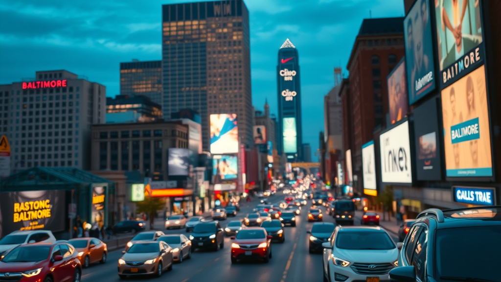 Vibrant Baltimore cityscape with digital billboard ads - digital advertising Baltimore