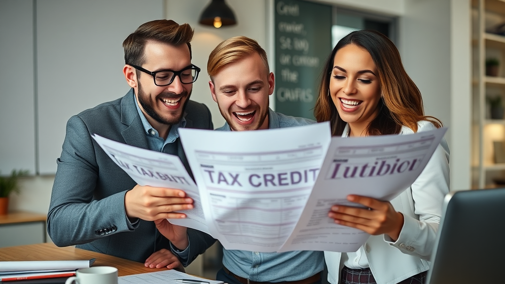 Baltimore small business content tax credit marketing optimistic team analyzing tax credit documents