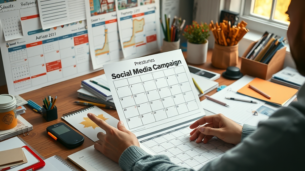 Organized desk with social media campaign calendar, Baltimore-themed illustrations, and professional planning, social media management strategy