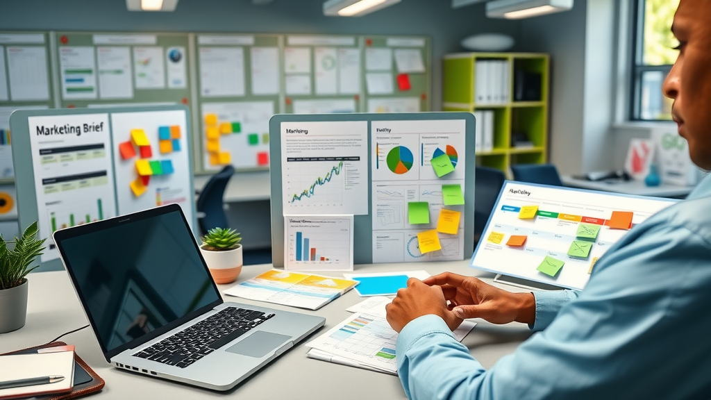 Baltimore marketing professional planning a multi-channel content marketing campaign with colorful notes and digital tools