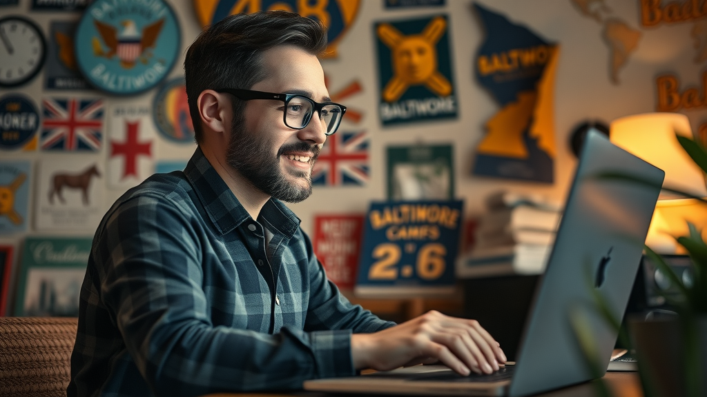 Enthusiastic small business owner focused on laptop in Baltimore-themed office, representing content marketing for local businesses in Baltimore