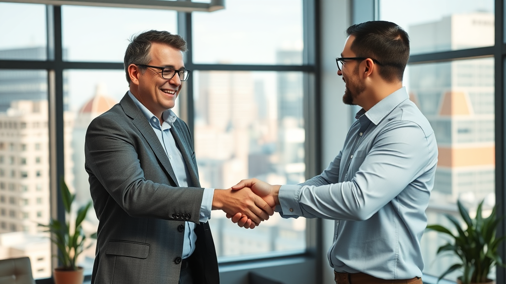 Baltimore seo service, business owners shake hands with specialist, sealing partnership, office view
