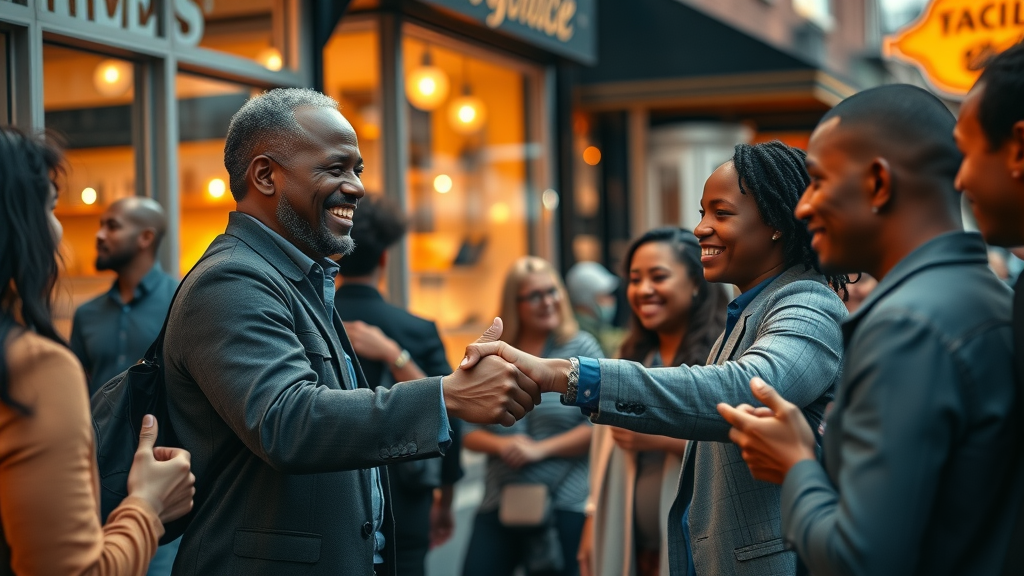 Brand Identity Baltimore: Business owner and diverse Baltimore customers handshake outside busy shop, urban brand identity at dusk