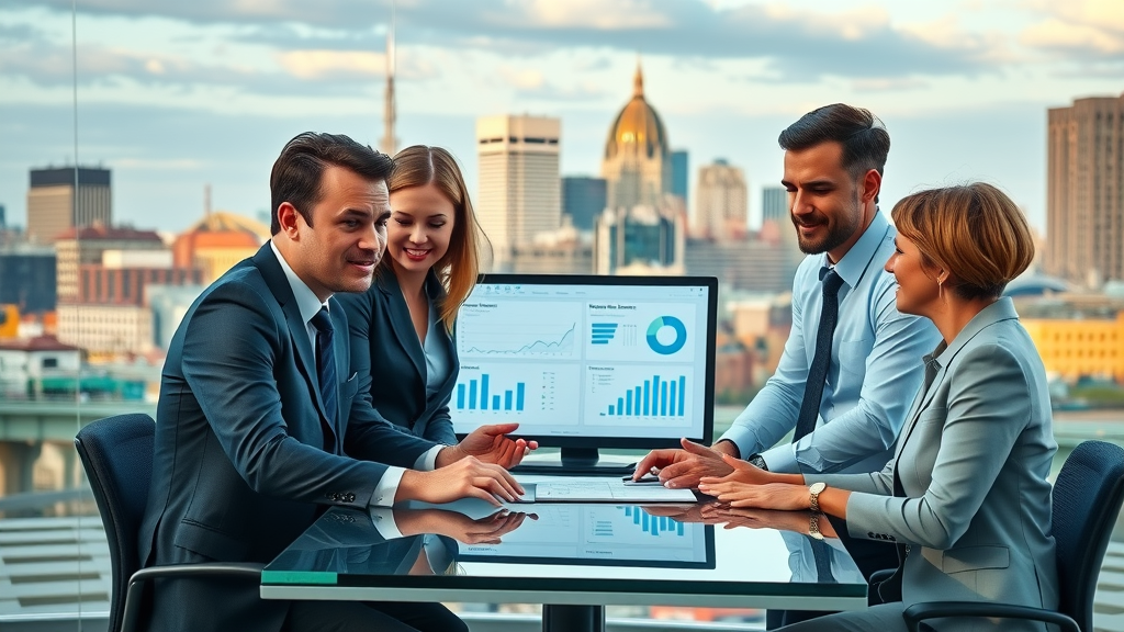 Baltimore content marketing professionals discussing strategies with digital screens and Baltimore skyline