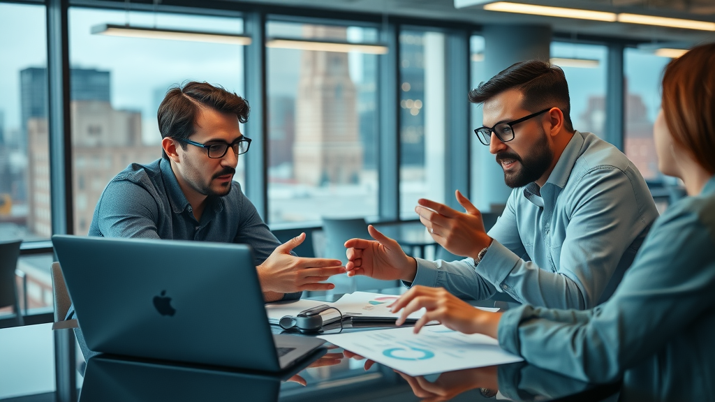 baltimore podcast marketing collaborative workspace marketers strategy planning laptops cityscape digital marketing charts